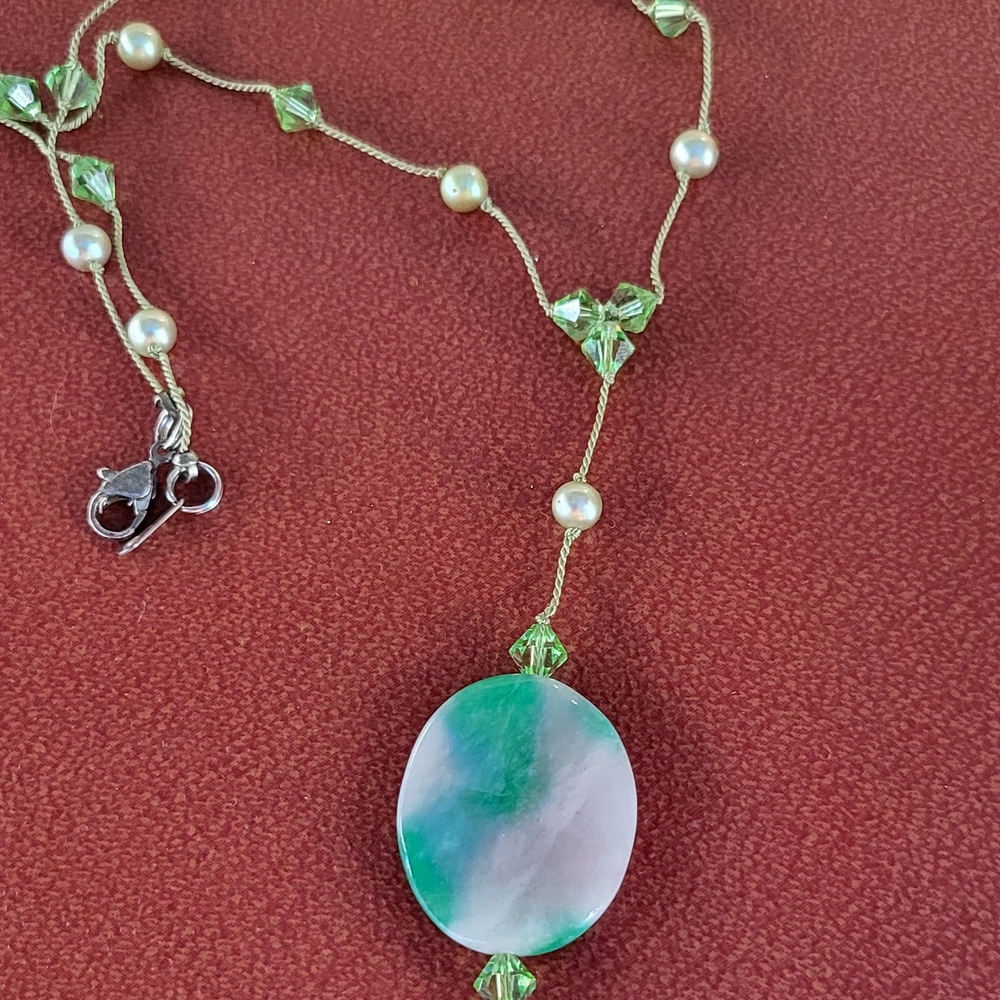 Green and Silver Necklace with Oval Pendant and Beads